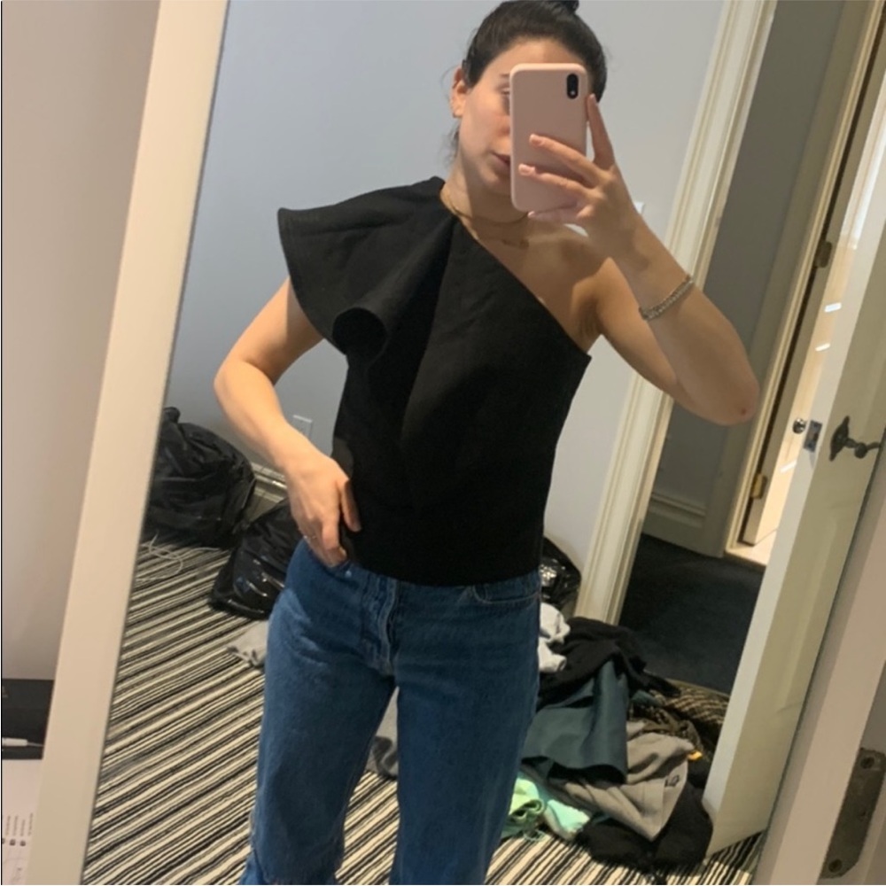 Lorod 1 shoulder ruffle black blouse Silk Cotton 4